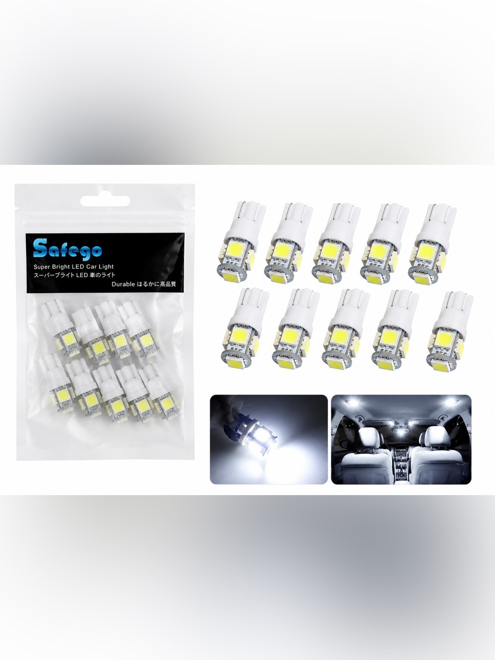 Safego T10 W5W 194 168 White LED CAR Light Bulbs -12 V